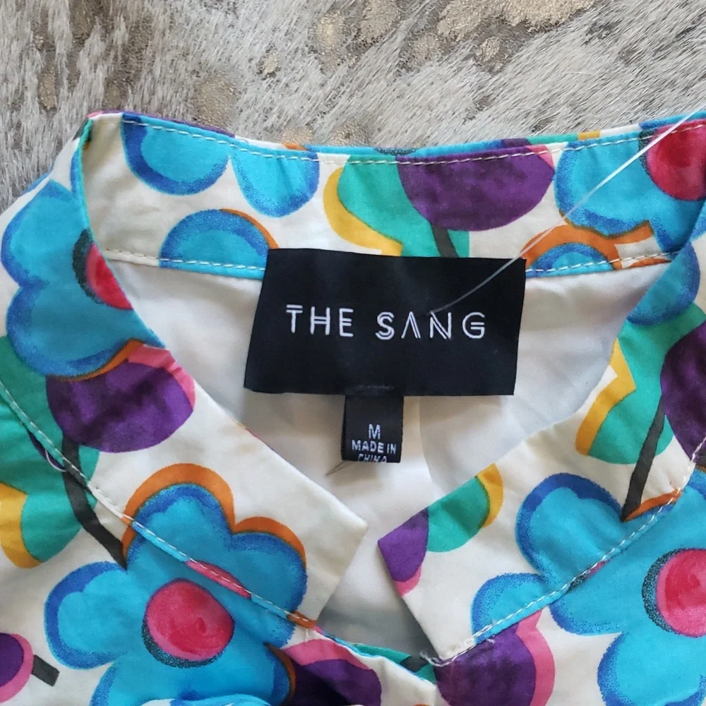 The Sang Pop Art Floral Puff Sleeve Mini Dress PussyBow SzM